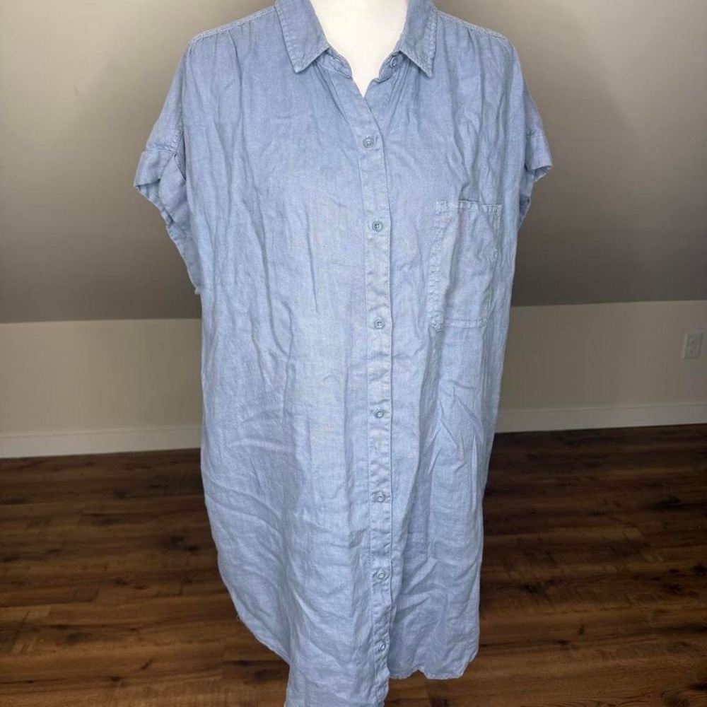 Cloth & Stone 100% Linen Button-Front Shirt Dress  Light Blue Coastal